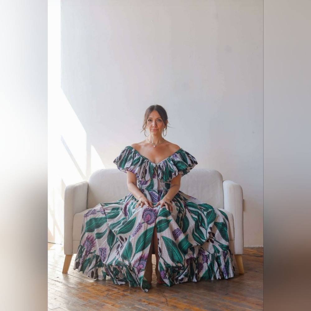 Sika Anthropologie Off-the-Shoulder Printed Maxi Dress Gree, Purple & White Sz 2 - Picture 7 of 16